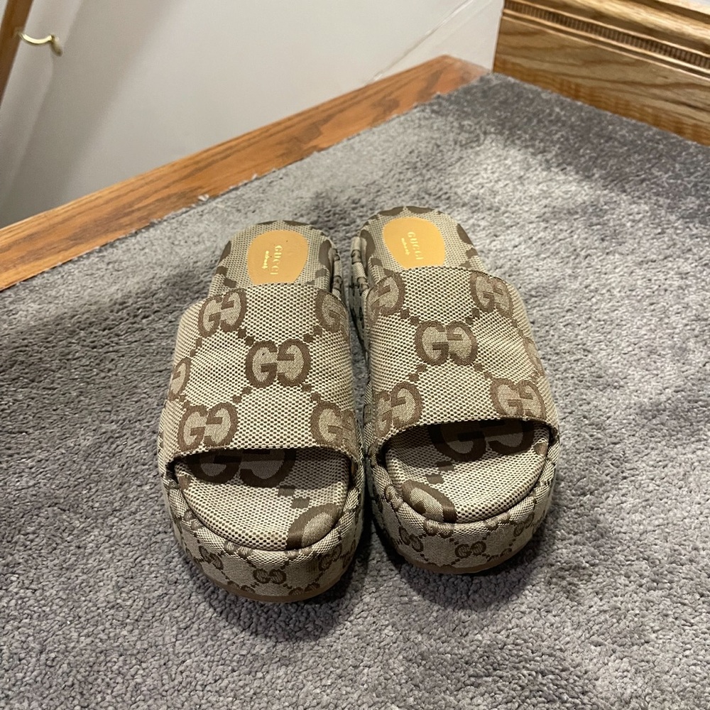 Gucci Beige Monogram Platform Clogs - image 4